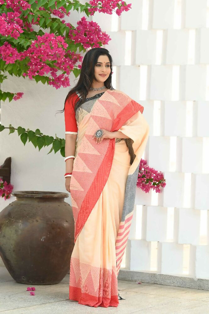 Beatitude Cream Temple Border Cotton Saree | Grocsy