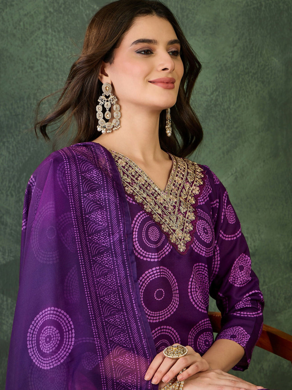 The52 Women's Gorgeous Rayon Embroidery Straight Kurta with Pant And Dupatta Set-Purple | Grocsy