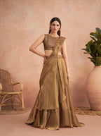 Beige Satin Embroidered Ready To Wear Saree With Unstitched Blouse Piece - Nandika | Grocsy