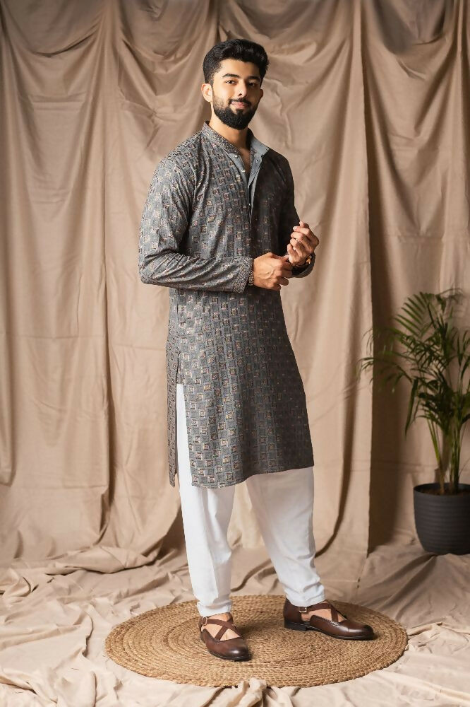 Grey Rayon Thread Embroidery Work Kurta Set - Mahotsav | Grocsy