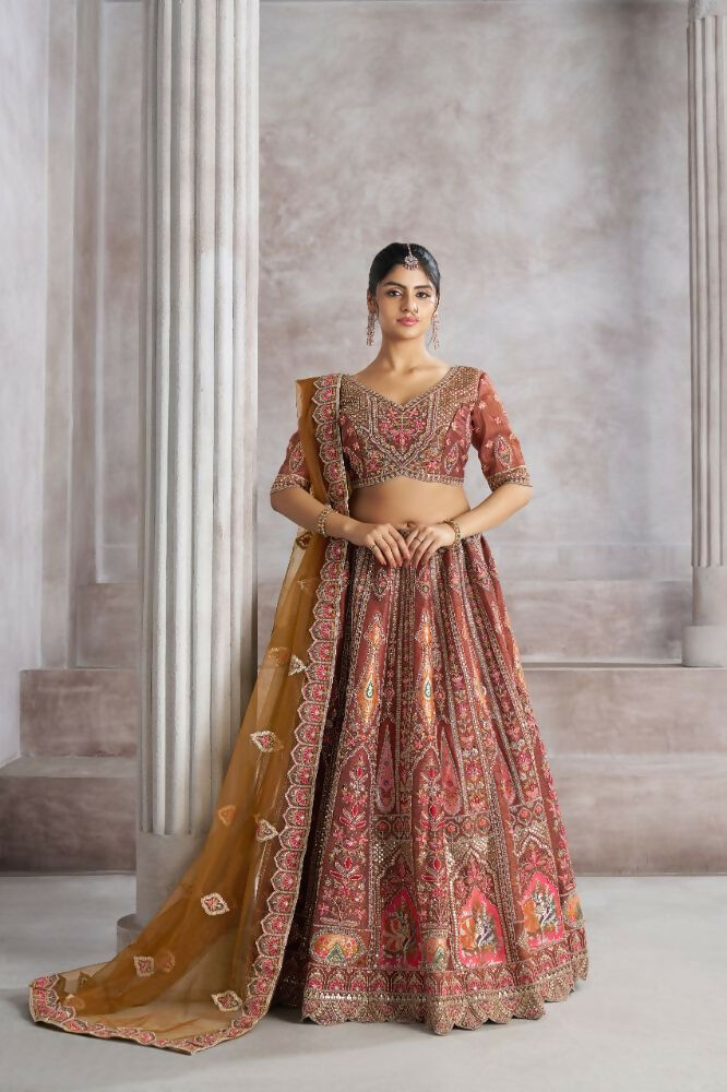 Kesar Fab Brown Banarasi Silk Hand_Woven Lehenga | Grocsy