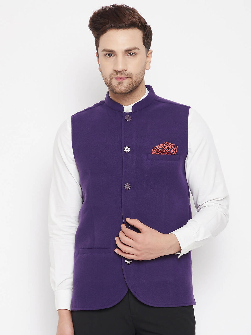 Even Apparels Purple Wool Men's Nehru Jacket-Contrast Lining-Inbuilt Pocket Square | Grocsy