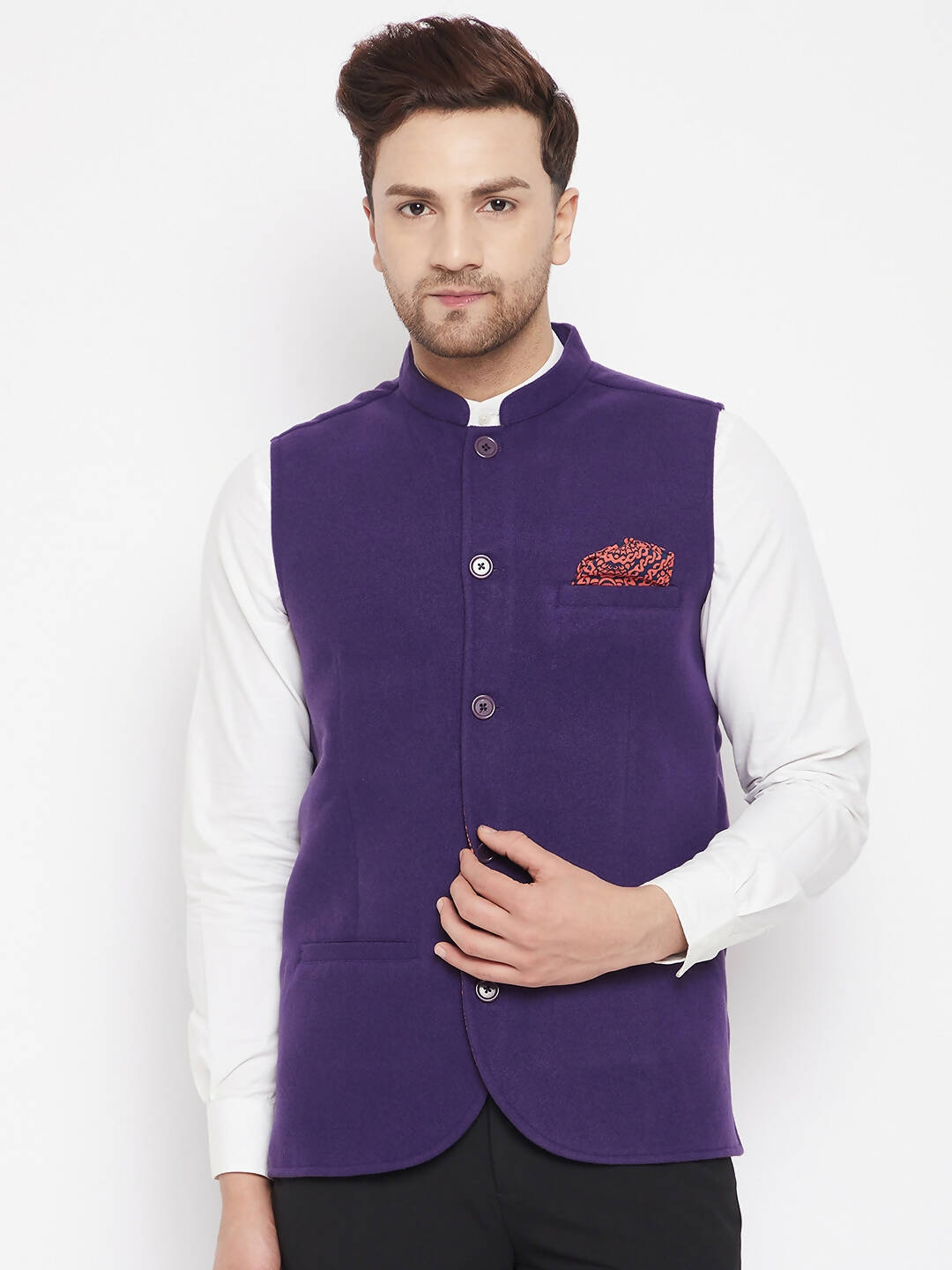 Even Apparels Purple Wool Men's Nehru Jacket-Contrast Lining-Inbuilt Pocket Square | Grocsy