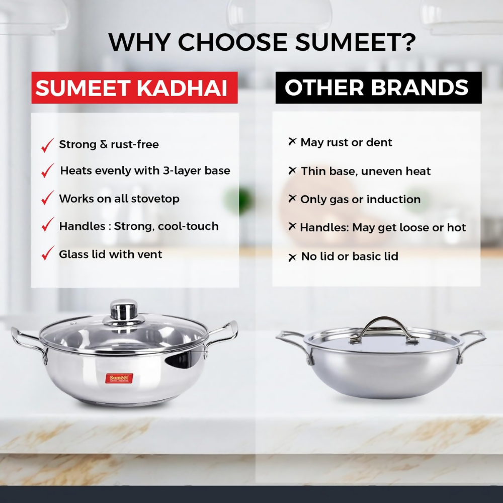 Sumeet Stainless Steel Induction Bottom Kadhai with Glass Lid | Grocsy