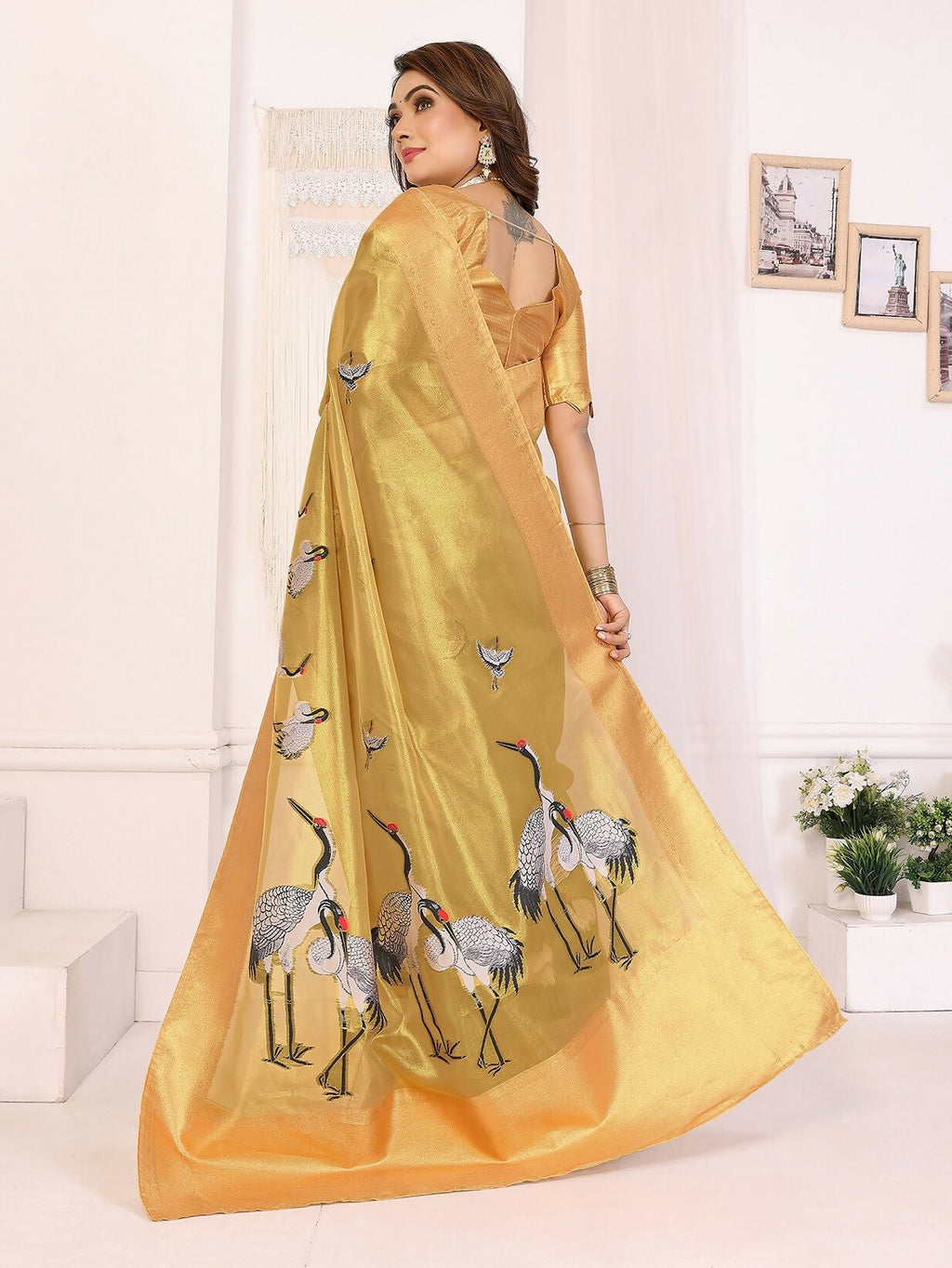Joban Fashion Golden Cranes Patterns Banarasi Silk Sarees | Grocsy