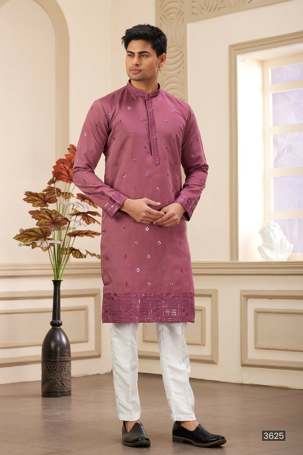Raivat Ethnic Men's Art Silk Thread Work Kurta Pyjama In Mauve Colour | Grocsy