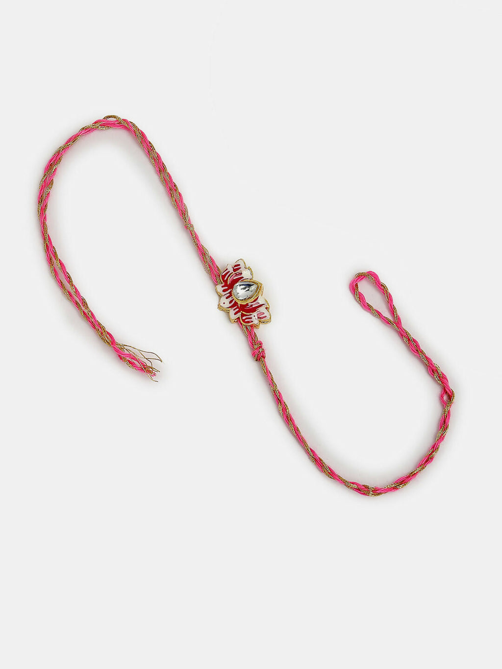 NVR Women & Men Set of 2 Pink Lotus Shape Kundan-Studded & Beaded Handcrafted Wraparound Rakhi Set With Roli Chawal | Grocsy