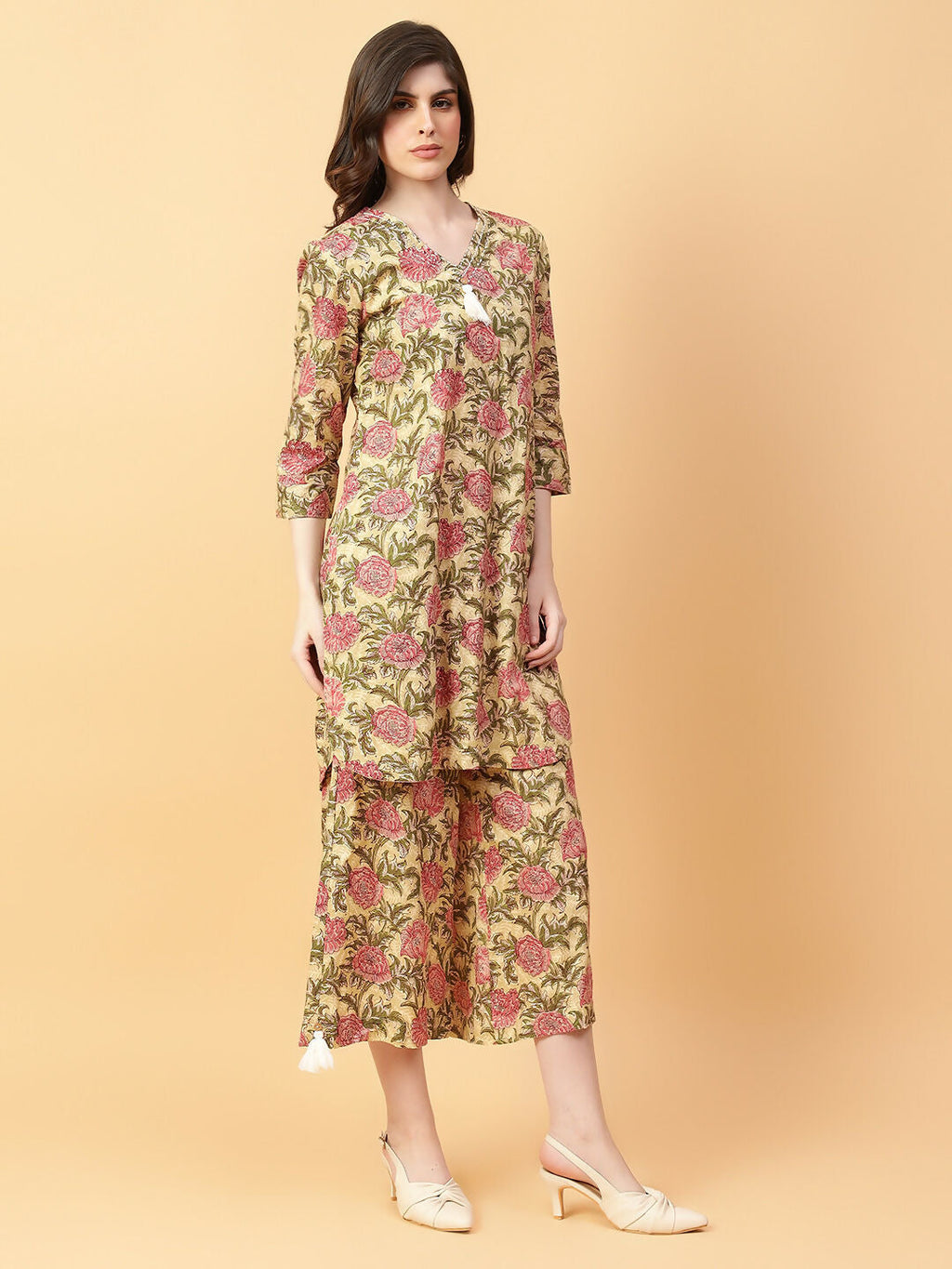 Joban Fashion Beige Cotton Printed & Hand Work Co-ord Set | Grocsy