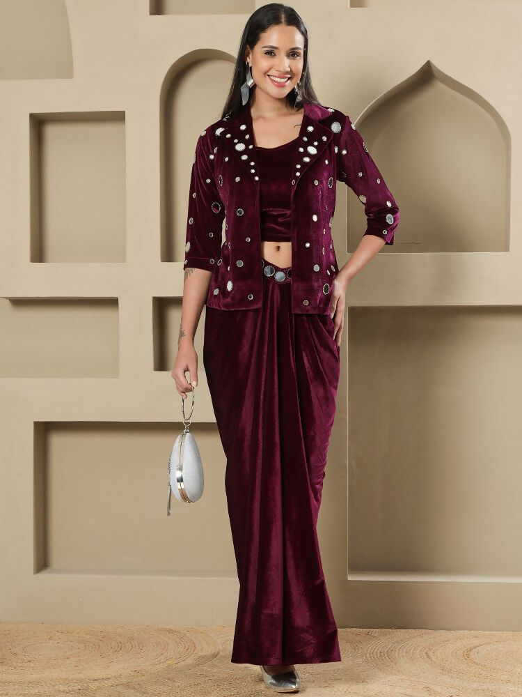 Joban Fashion Women Wine Velvet Hand Embellishment Stitched Dress | Grocsy