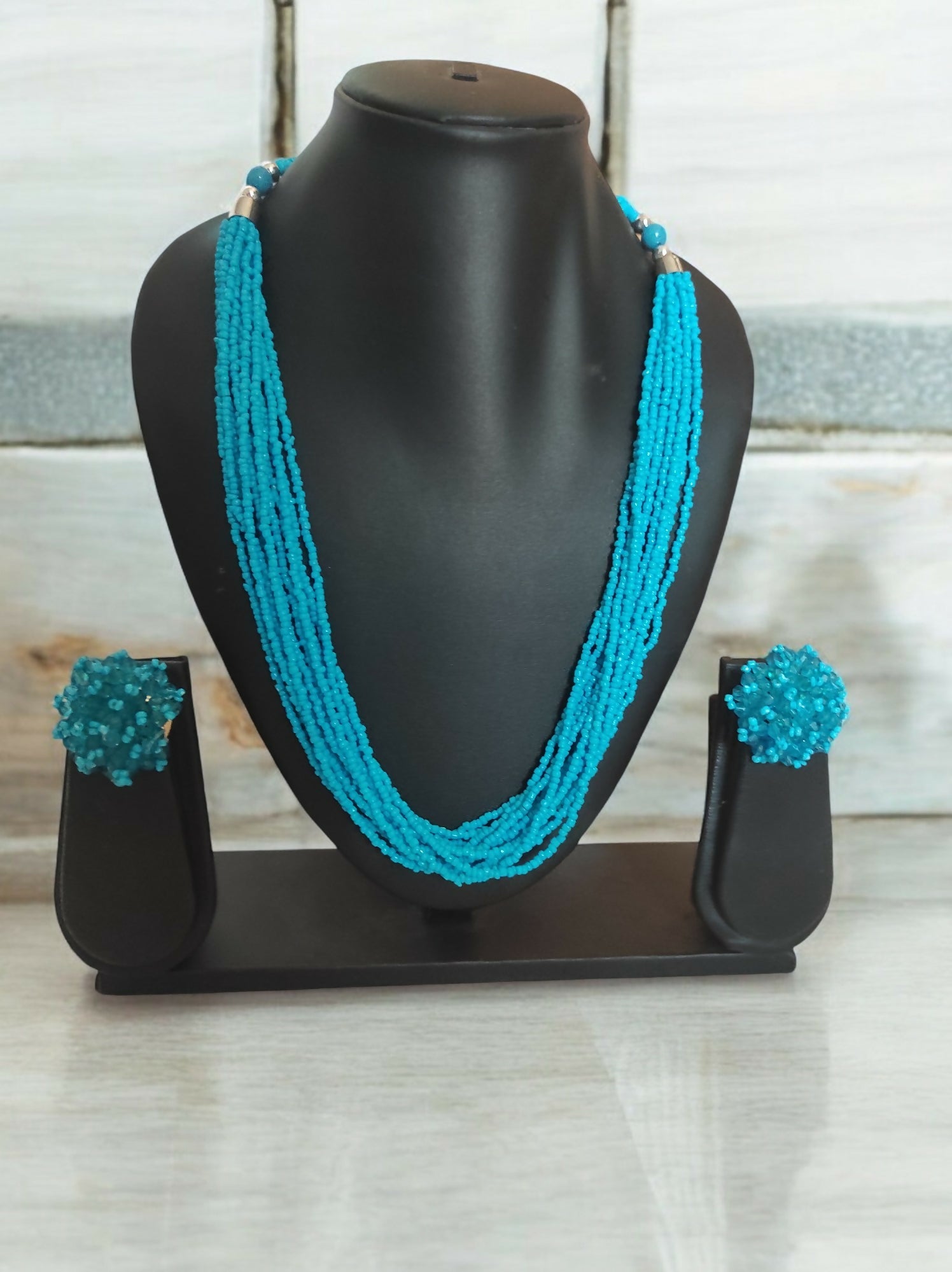 Inhanns Bloom Handmade Beaded Necklace With Earrings - 12 Layers - Skey Blue Necklace Set | Grocsy