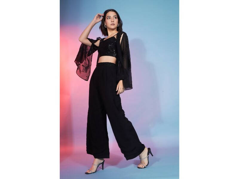 Black Georgette Sequence With Thread Designer Co-Ord Set - Flory | Grocsy