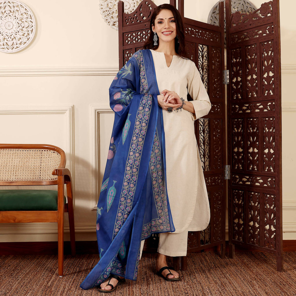 The52 Women's Gorgeous Solid Chanderi Silk Fabric Straight Kurta Pant and Dupatta Set | Grocsy