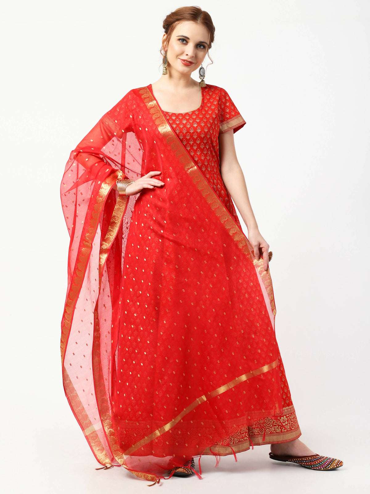 Cheera Women's Red Cotton Hand Block Print Long Dress With Silk Dupatta Set | Grocsy