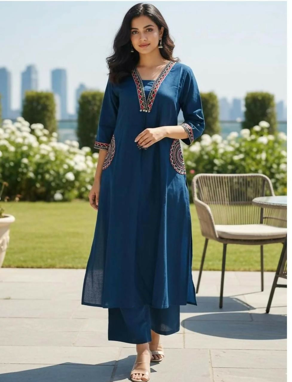 Miravan Womens Blue Straight Kurta With Palazzo Set | Grocsy