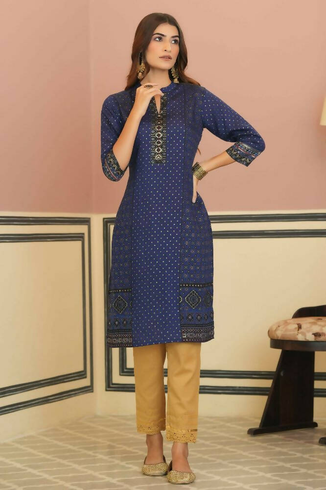 Juniper Indigo Rayon Festive Gold Foil Printed Straight Kurta For Women | Grocsy