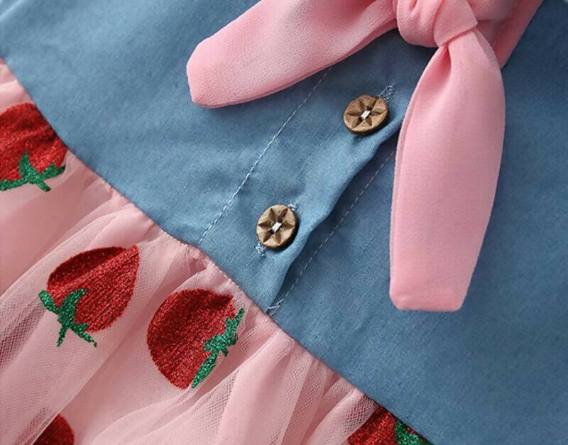 Bold N Elegant Cap Sleeve Denim Embroidered Midi Party Dress Frock with Hat Dress - Strawberry Pink | Grocsy