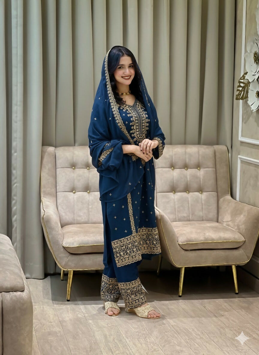 Teeya Creation Blue Color Faux Georgette Embroidery Work Party Wear Salwar Suit | Grocsy