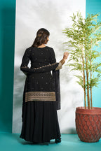 Aayaa Designer Faux Gorgette Embroidery Zari Sequins Thread work Full Flaired plazzo Suit with Dupatta - Black | Grocsy