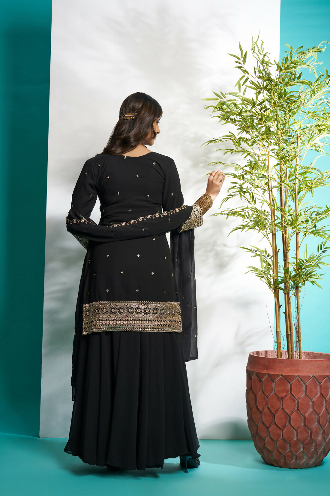 Aayaa Designer Faux Gorgette Embroidery Zari Sequins Thread work Full Flaired plazzo Suit with Dupatta - Black | Grocsy