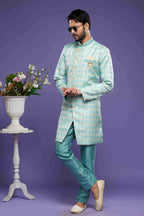 Raivat Ethnic Banarasi Jacquard Embroidery Semi Indo Western Sherwani In Sky Blue Colour | Grocsy