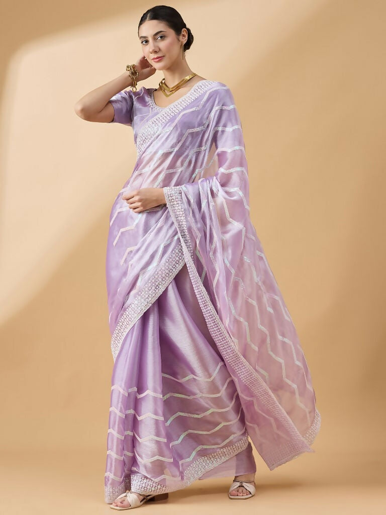 Purple Tissue Slub Embroidered Saree with Unstitched Blouse - Vairagi | Grocsy
