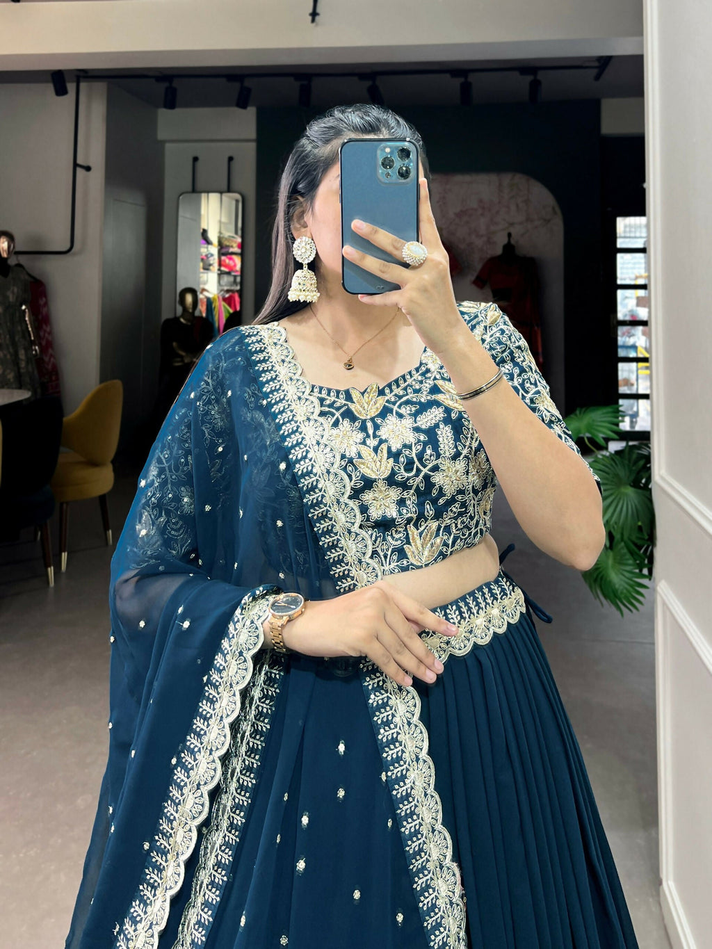 Vastranavya Gorgeous Georgette Lehenga Choli With Embroidered Banglory Blouse - Teal | Grocsy