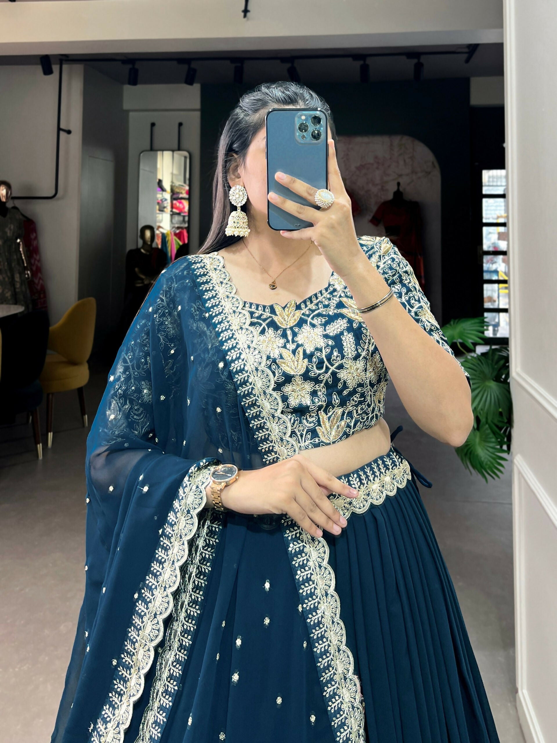 Vastranavya Gorgeous Georgette Lehenga Choli With Embroidered Banglory Blouse - Teal | Grocsy