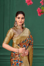 Chiku Tussar Silk Jacquard Abstract Digital Print Saree with Unstitched Blouse - Mohira | Grocsy