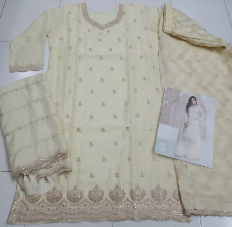 Vastranavya Exquisite Off White Heavy Chinon with Embroidered & Sequins Work Salwar Suits | Grocsy