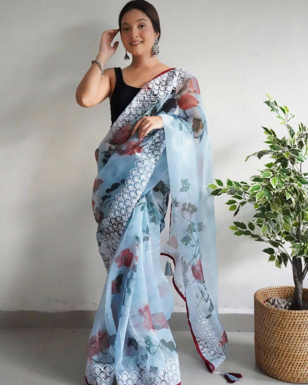 Vamsee Sky Organza Saree | Grocsy