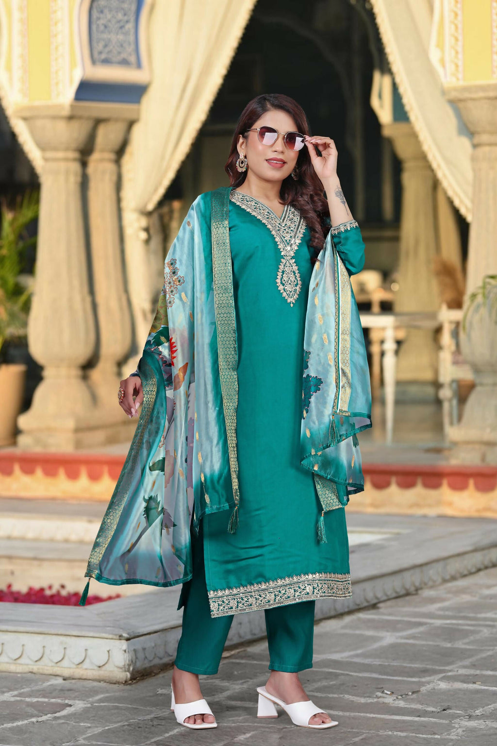 The52 Women's Beautiful Viscose Chanderi Fabric Embroidery Work Straight Kurta Pant and Dupatta Set | Grocsy