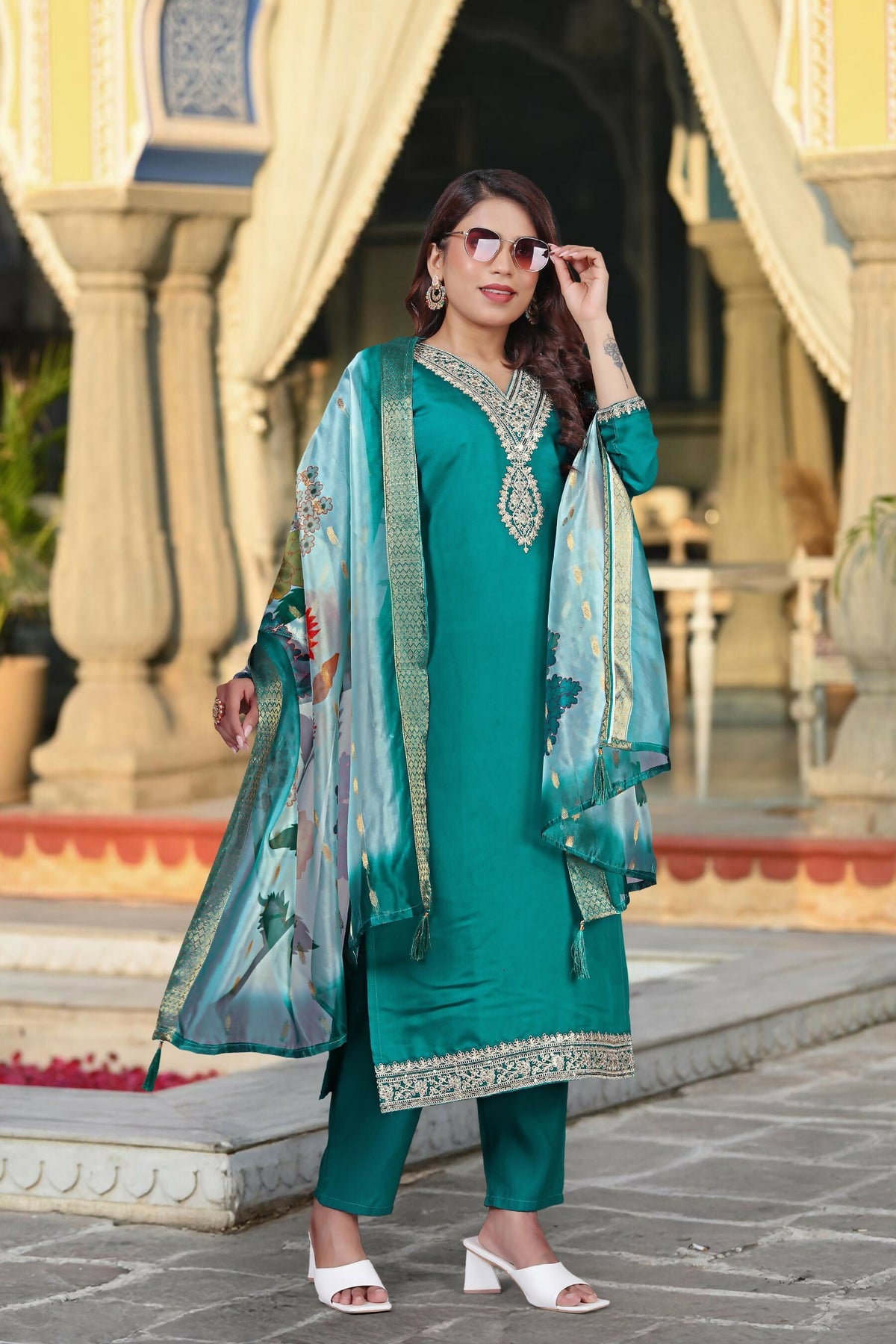 The52 Women's Beautiful Viscose Chanderi Fabric Embroidery Work Straight Kurta Pant and Dupatta Set | Grocsy