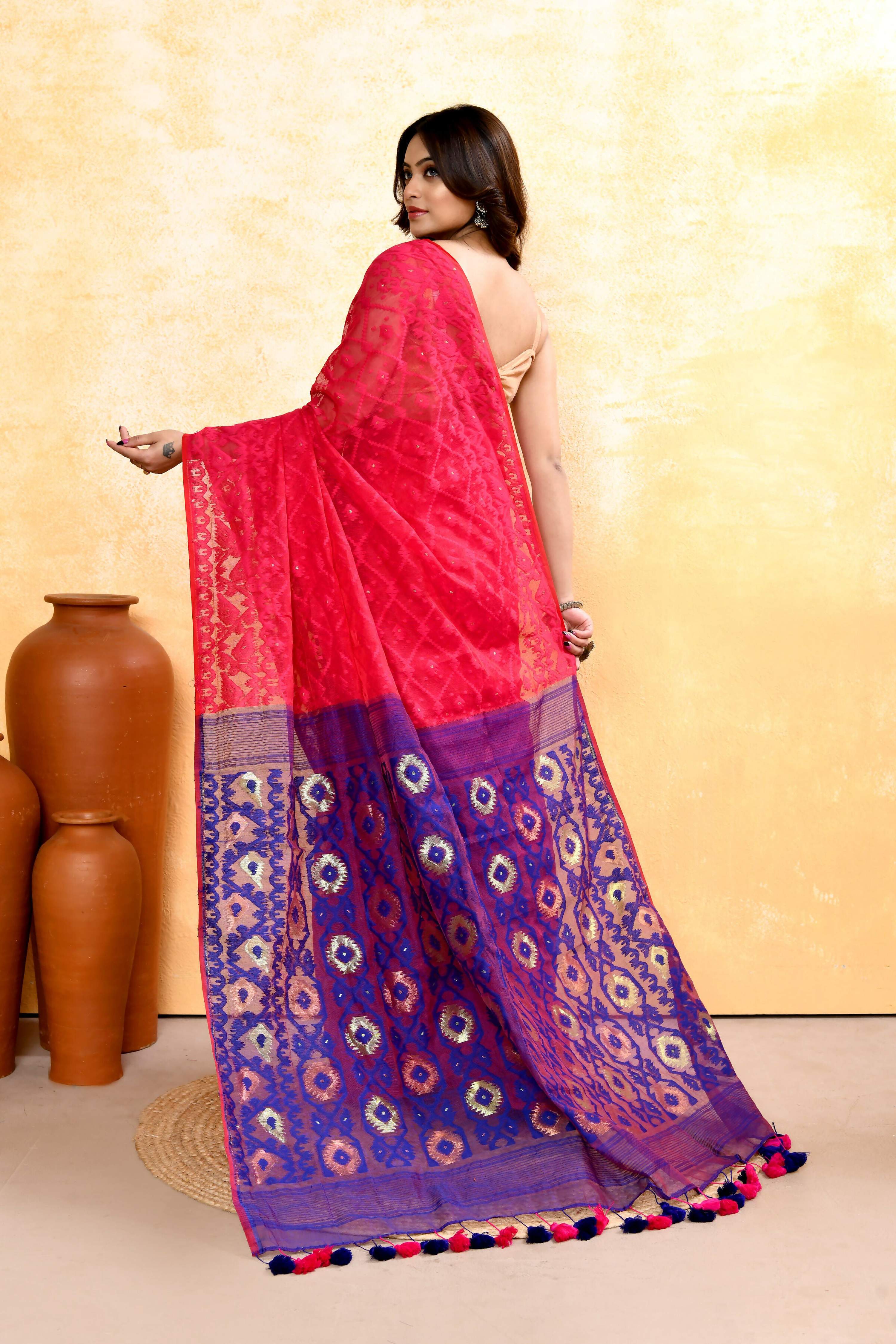 Piyari Fashion Women's Rani Pink Embellished Cotton Blend Jamdani Saree | Grocsy