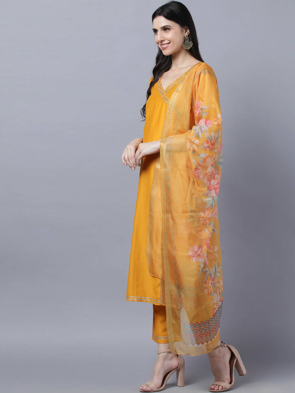Myshka Stylish Mustard 3/4 Sleeve Women's Kurta Pant with Dupatta Set | Grocsy