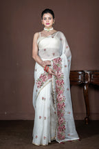 Morchari Off White Supernet Cross Embroidery Saree Unstitched Blouse | Grocsy