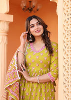 Alvano Printed Naira Cut Kurti Kurti with Pant and Dupatta Set for Women's and Girls Cotton | Grocsy