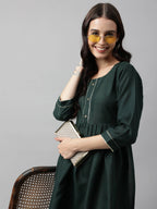 Green Poly Cotton Solid Nayra Cut Kurta - Tirtha | Grocsy