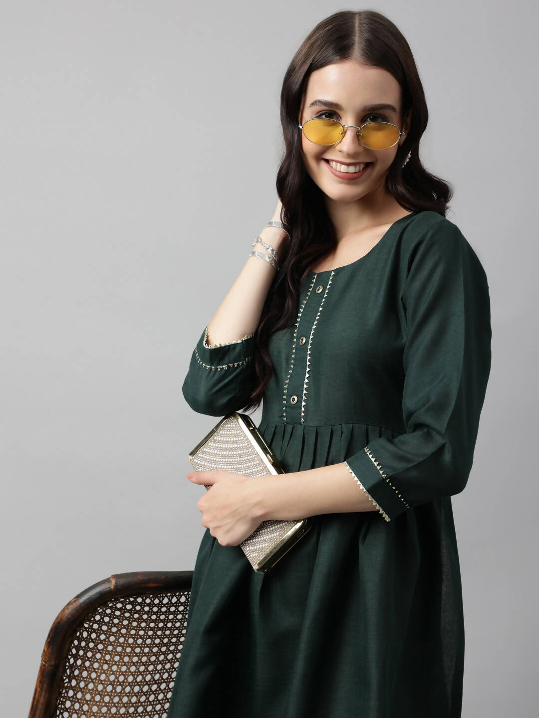 Green Poly Cotton Solid Nayra Cut Kurta - Tirtha | Grocsy