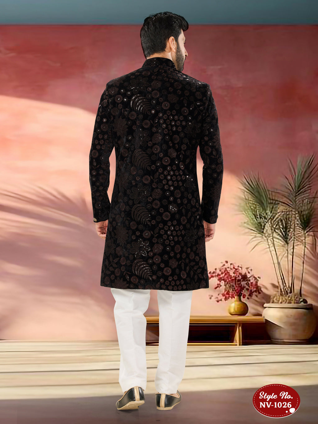 Joban Fashion Men's Black Base ( Brown ) Straight Velvet Thread And Sequence Embroidary All Over Indo-Western Kurta Set | Grocsy