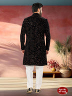 Joban Fashion Men's Black Base ( Brown ) Straight Velvet Thread And Sequence Embroidary All Over Indo-Western Kurta Set | Grocsy