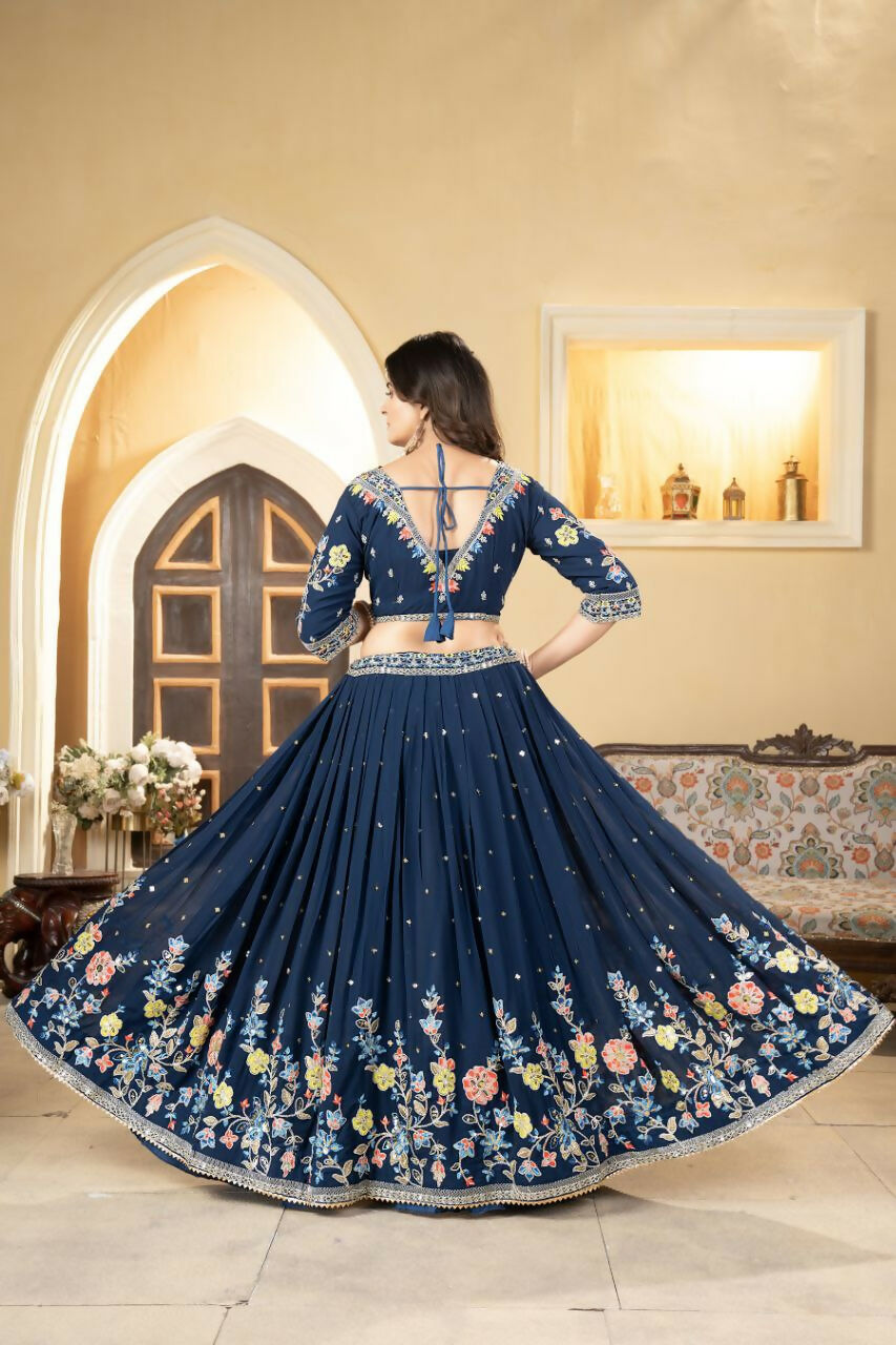 Eilara Prussian Blue Georgette Embroidered Panelled Style Lehenga | Grocsy