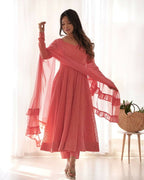 Teeya Creation Peach Color Heavy Embroidery Work Georgette Fabric Wedding Wear Gown | Grocsy