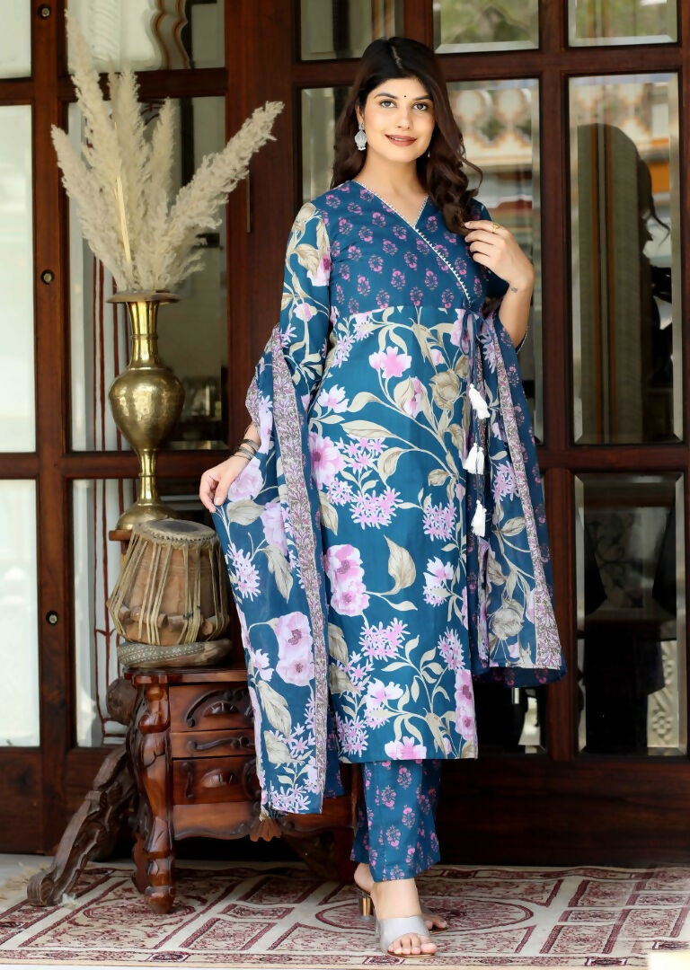 Miravan Women's Cotton Floral Angrakha Kurta And Palazzo With Dupatta Set | Grocsy