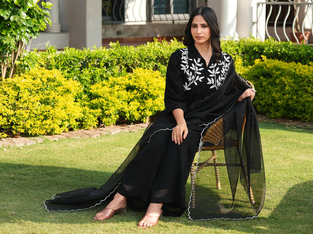 Nikhaar Black Embroidered Viscose Georgette Stitched Straight Cut Kurta Culottes Dupatta Readymade Suit | Grocsy