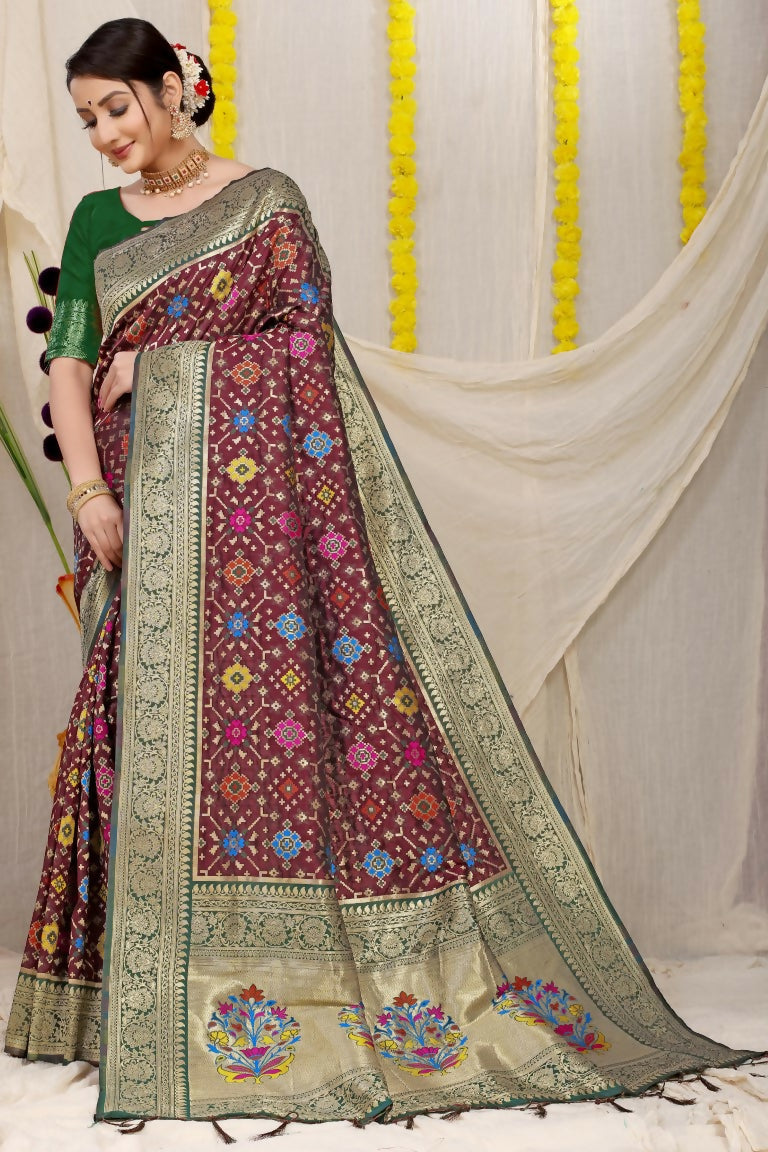 Jyoti Fashion Women's Wine Patola Silk Zari Woven Saree with Blouse | Grocsy