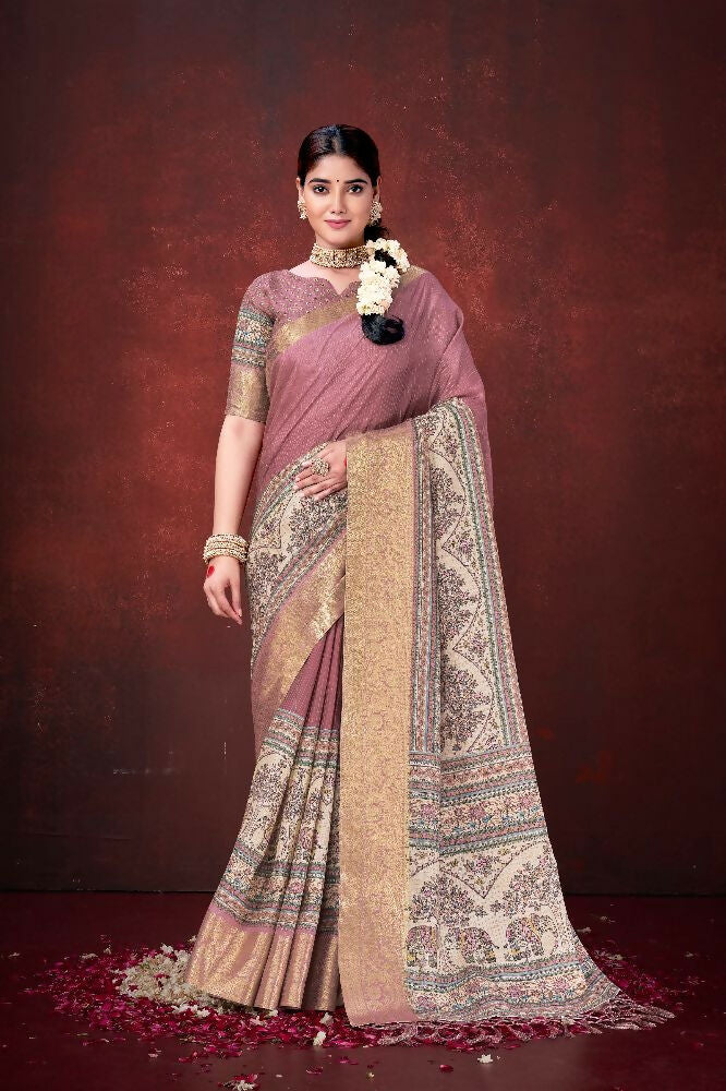 Pink Poly Habotai Silk Foil Print Saree with Unstitched Blouse - Kathari | Grocsy