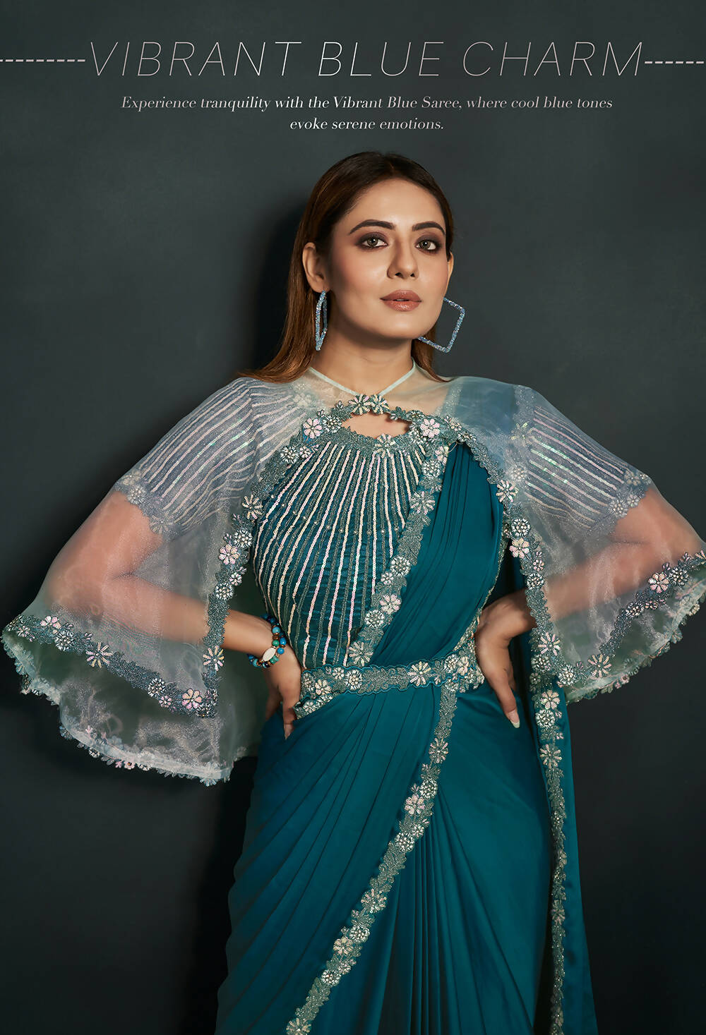 Blue Satin Silk Crepe Cord Sequence & Thread Embroidered & Stone Work Saree - Moh-Manthan Royal Enigma | Grocsy