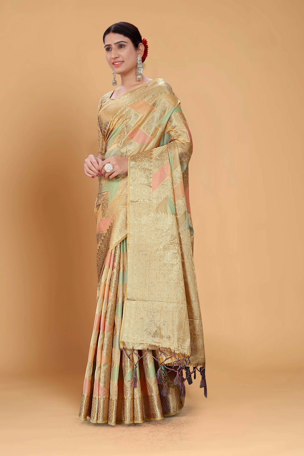 Beige Soft Organza Woven Design Saree With Unstitched Blouse Piece - Zaara | Grocsy