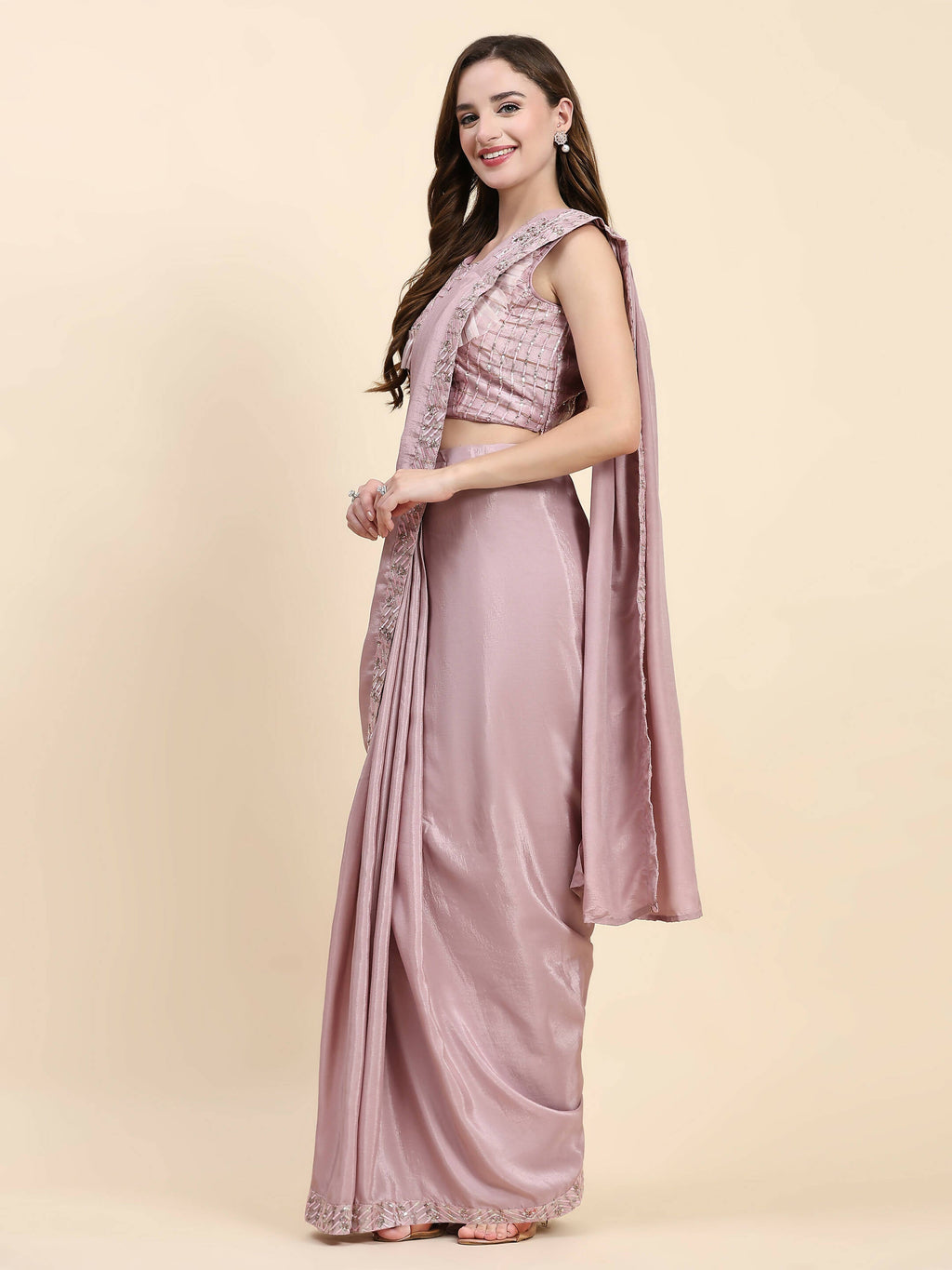 Pink Silk Satin Solid Ready to wear Saree with stitched Blouse - Satiksha | Grocsy