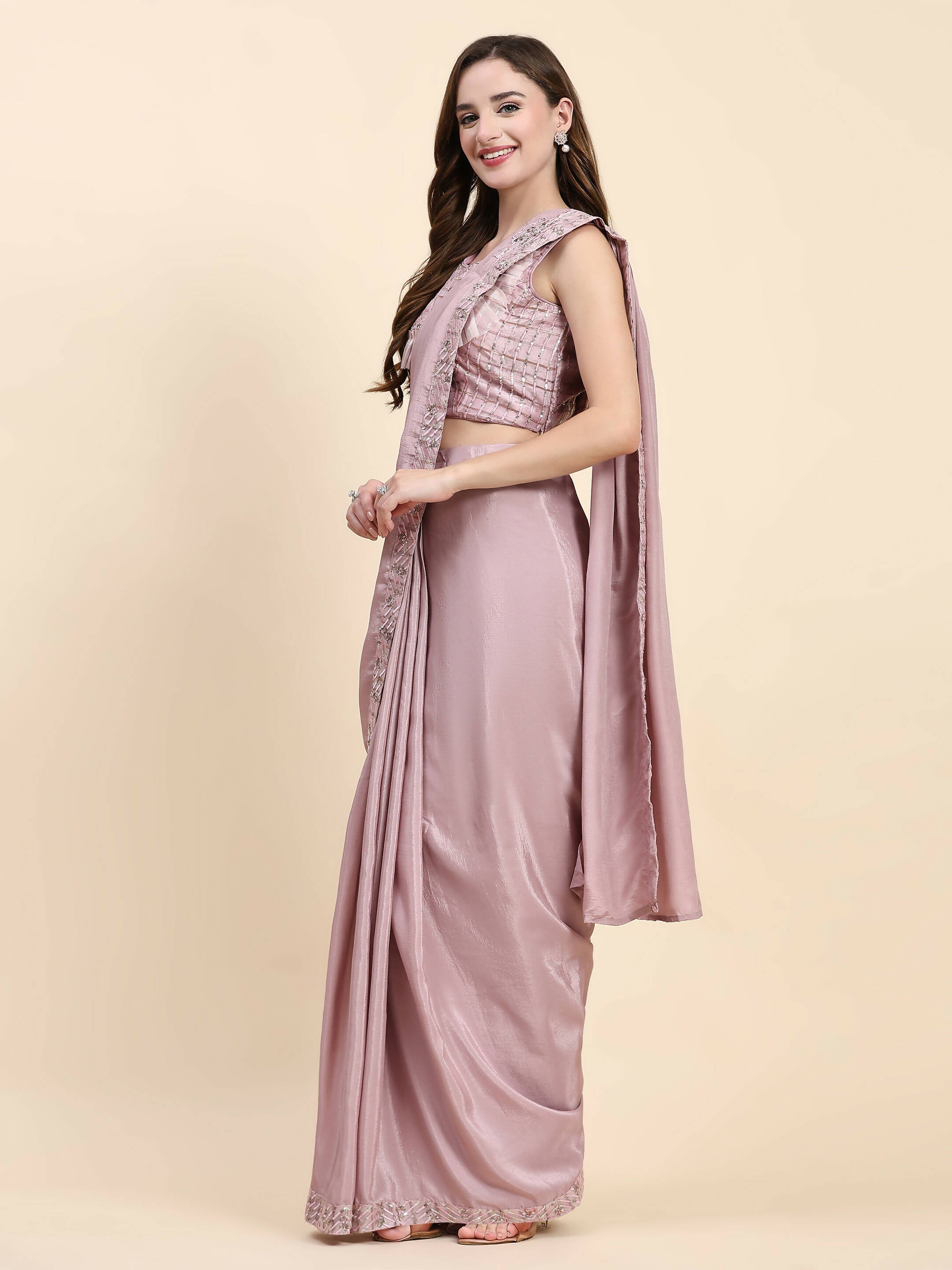 Pink Silk Satin Solid Ready to wear Saree with stitched Blouse - Satiksha | Grocsy